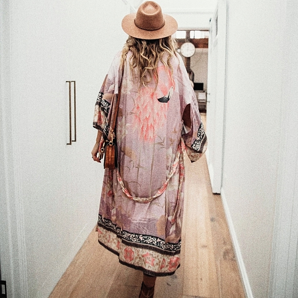 NEW Boho Retro Floral Kimono Maxi Duster Jacket Dusty Pink Black
